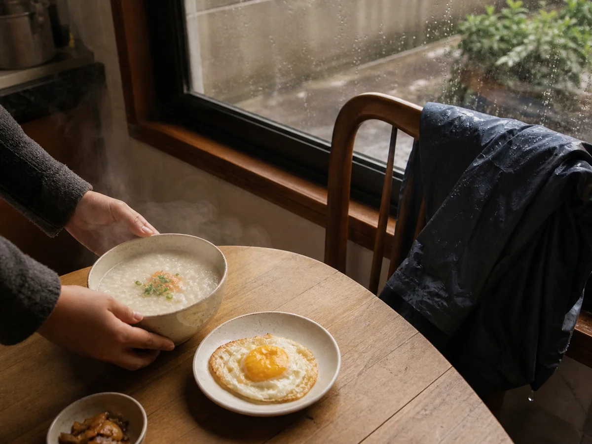 雨天回家后把热粥和煎蛋端上小桌