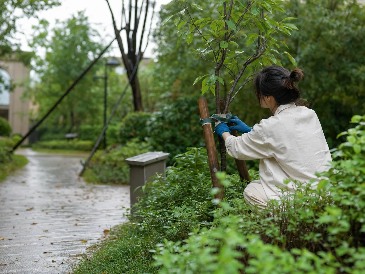 雨后花园里耐心为年轻树苗重新系好支撑
