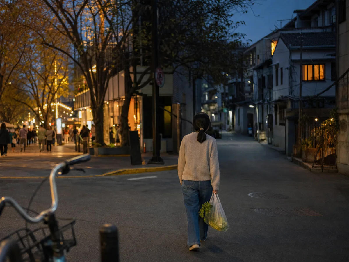 暮色中离开热闹街道走向安静小巷