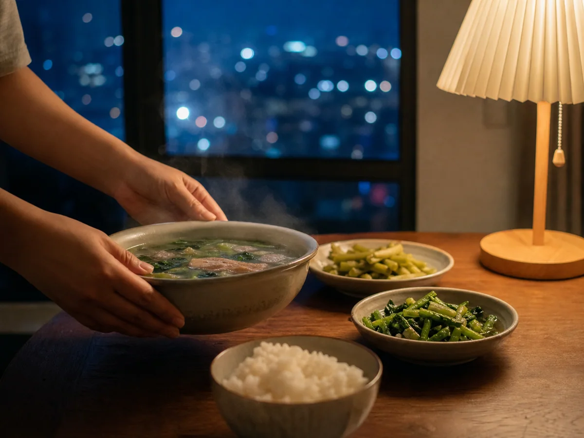 夏夜暖灯下把一碗热汤端上餐桌