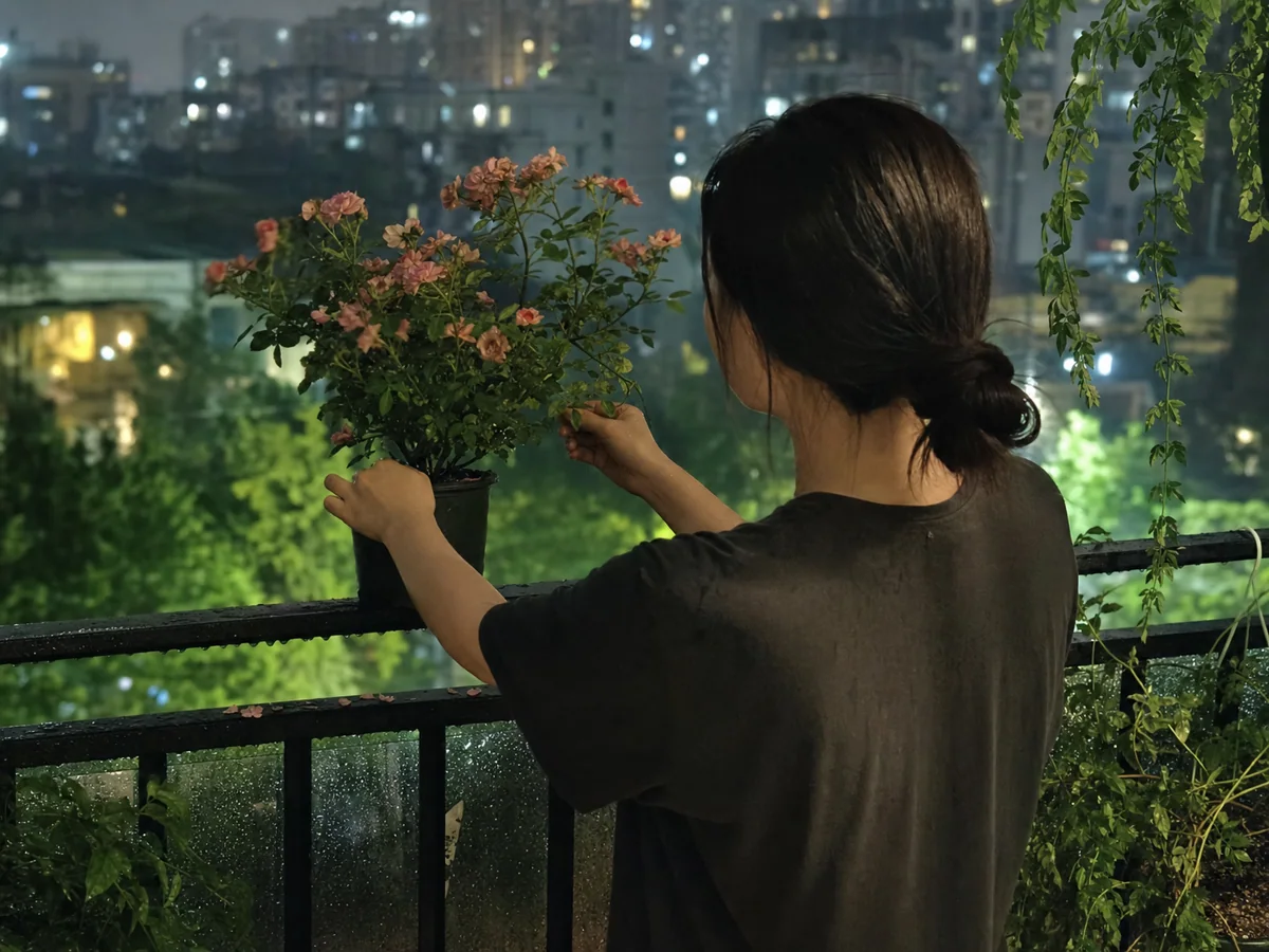 雨后阳台上扶正被风雨吹过的花枝
