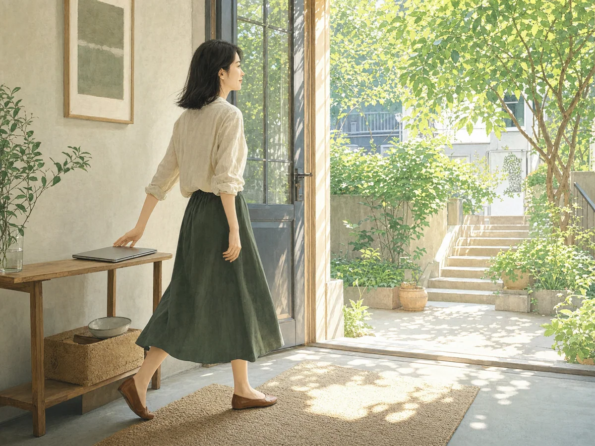 女子完成一项工作后合上电脑走向洒满阳光的楼下