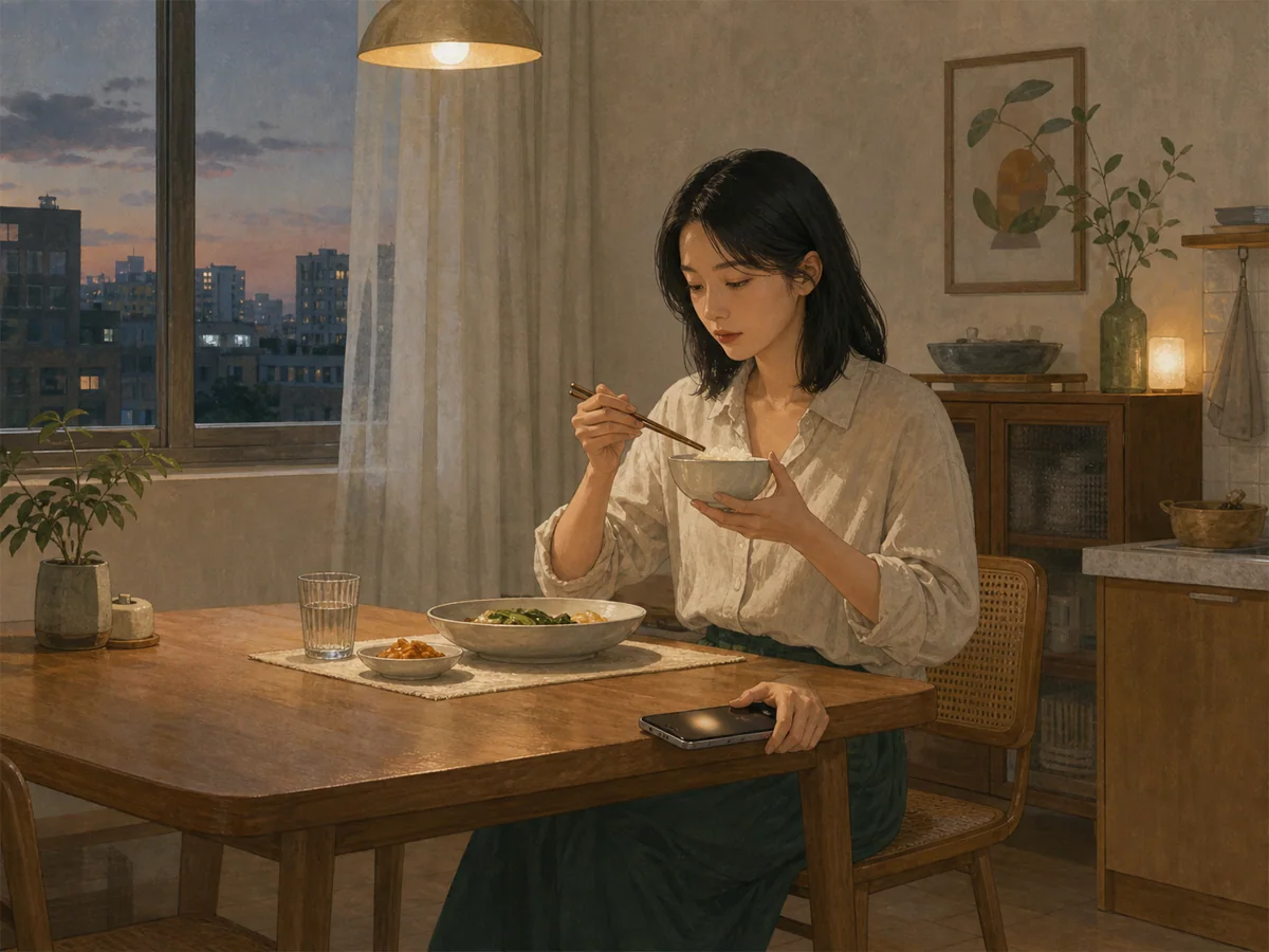 女子将不断亮起的手机翻面放下并继续安静吃饭