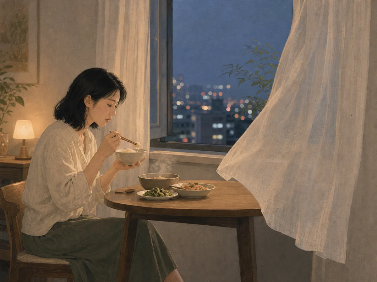 女子在窗边吃热饭让夏夜晚风吹动米白窗帘