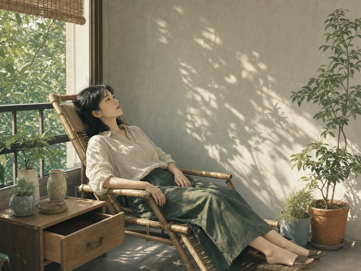 女子把手机收进抽屉后躺在竹椅上看树影移动