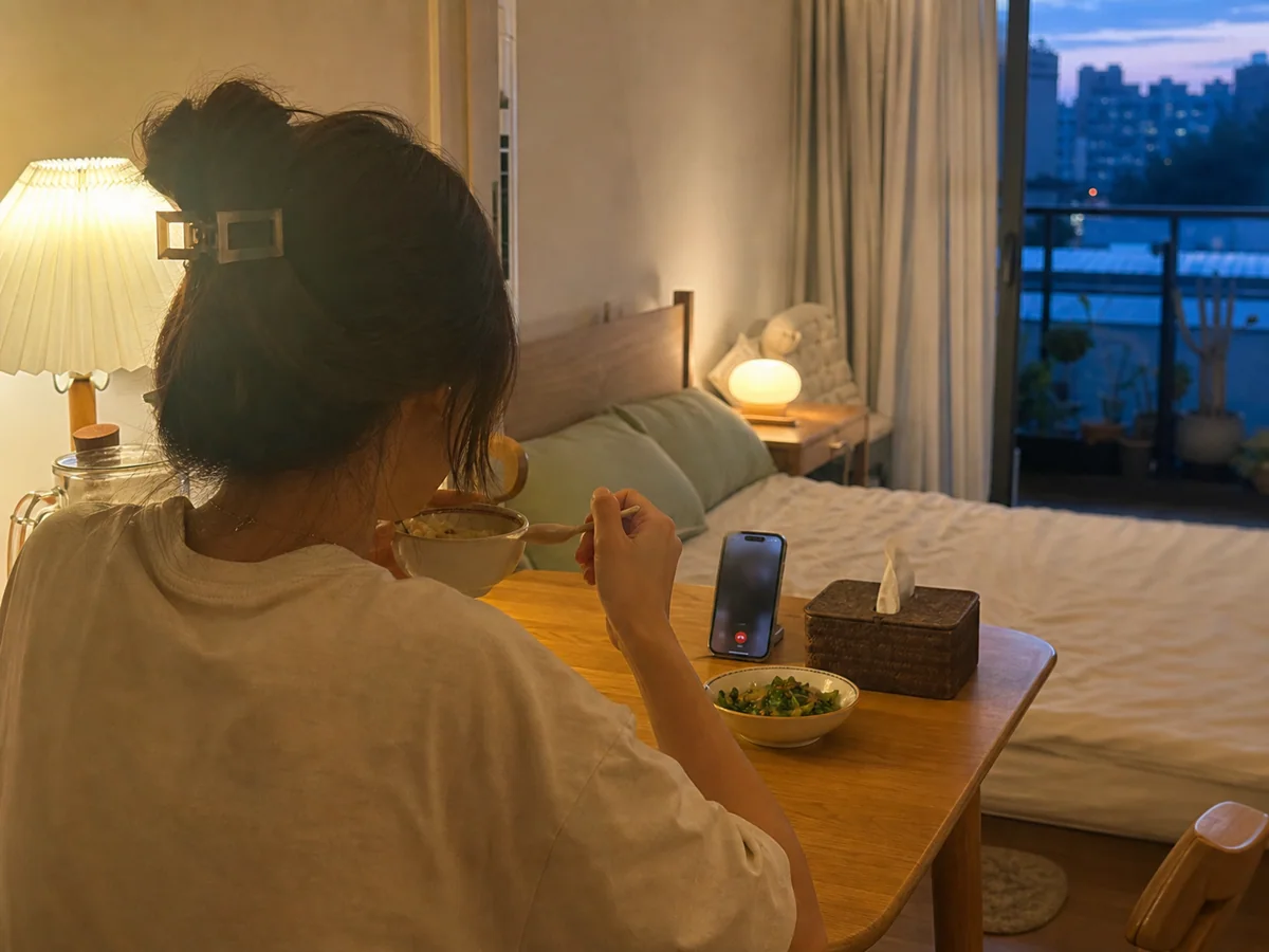 暮色暖灯下吃着热饭向信任的人通话
