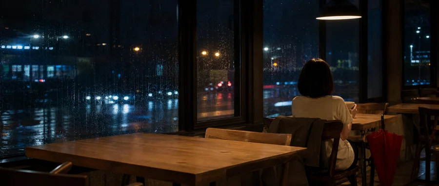 雨夜聚会散去后独自坐在空餐厅窗边