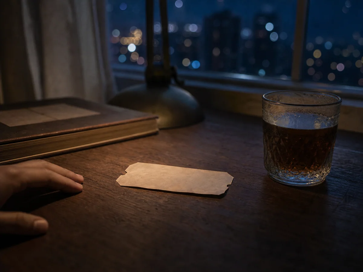 深夜窗边木桌上放着旧车票和一杯凉茶