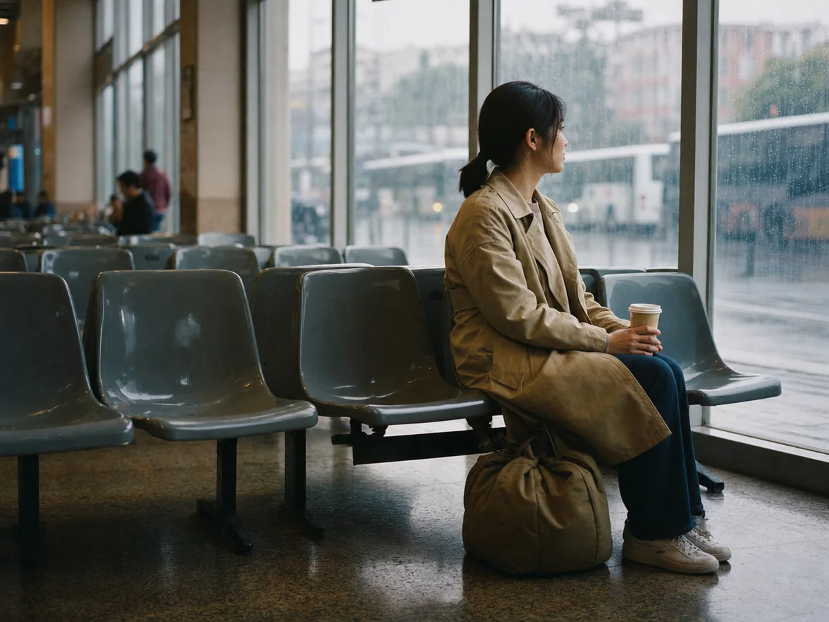 雨天车站里一名女子独自坐在空座旁等车