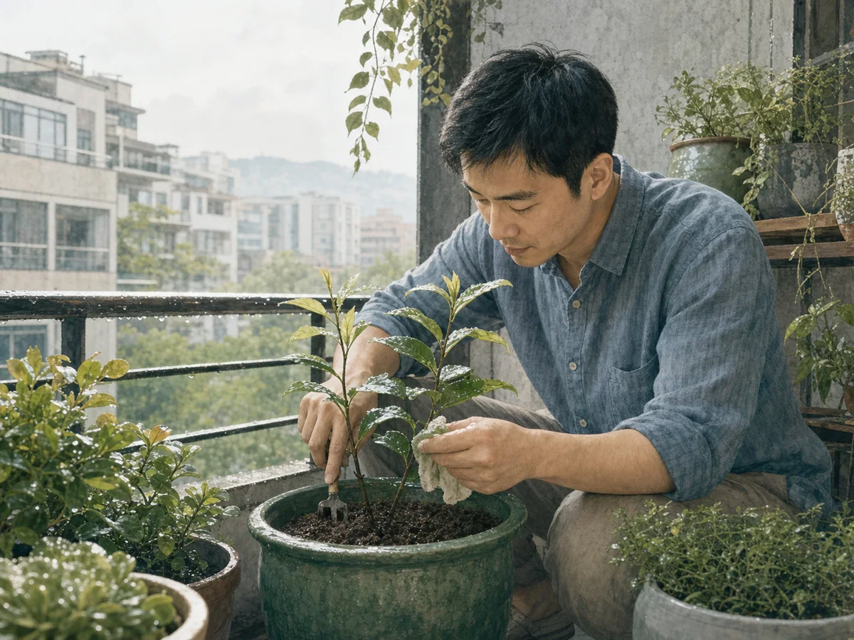 清晨男子在阳台耐心照料长出新叶的盆栽