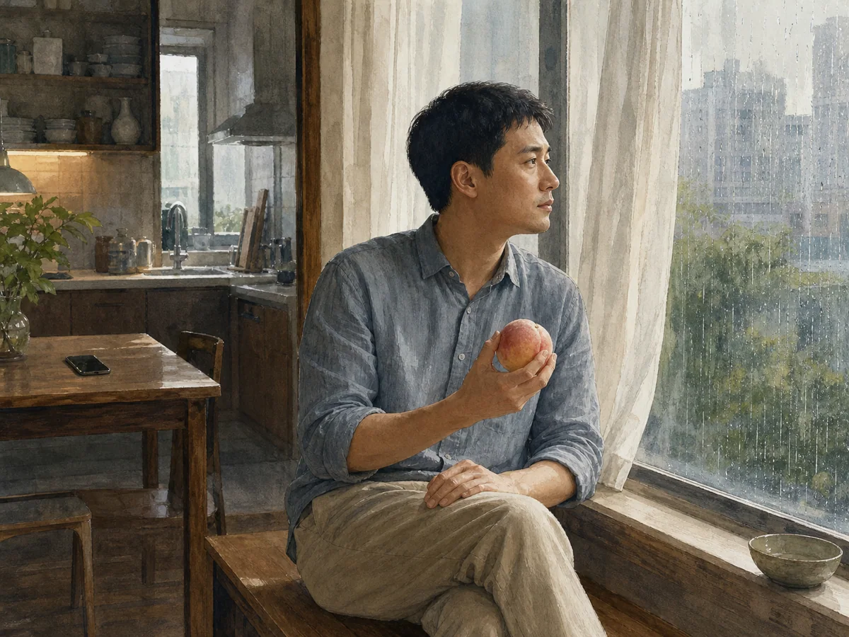雨天男子把手机留在桌上并端着桃子坐到窗边