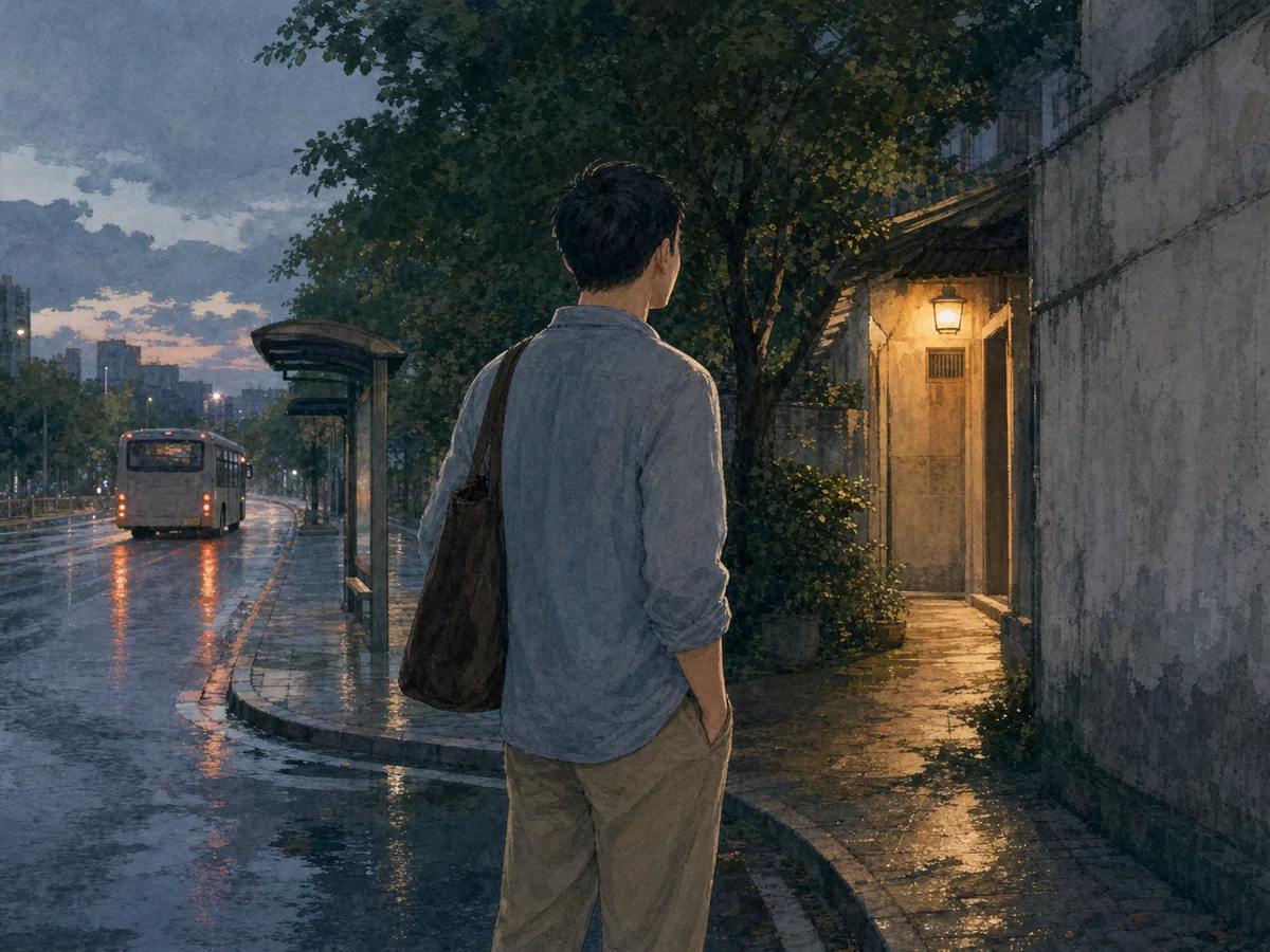 暮色中男子停止追赶远去的公交转身走向家门