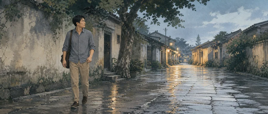 雨后傍晚男子收起手机独自走过安静街巷