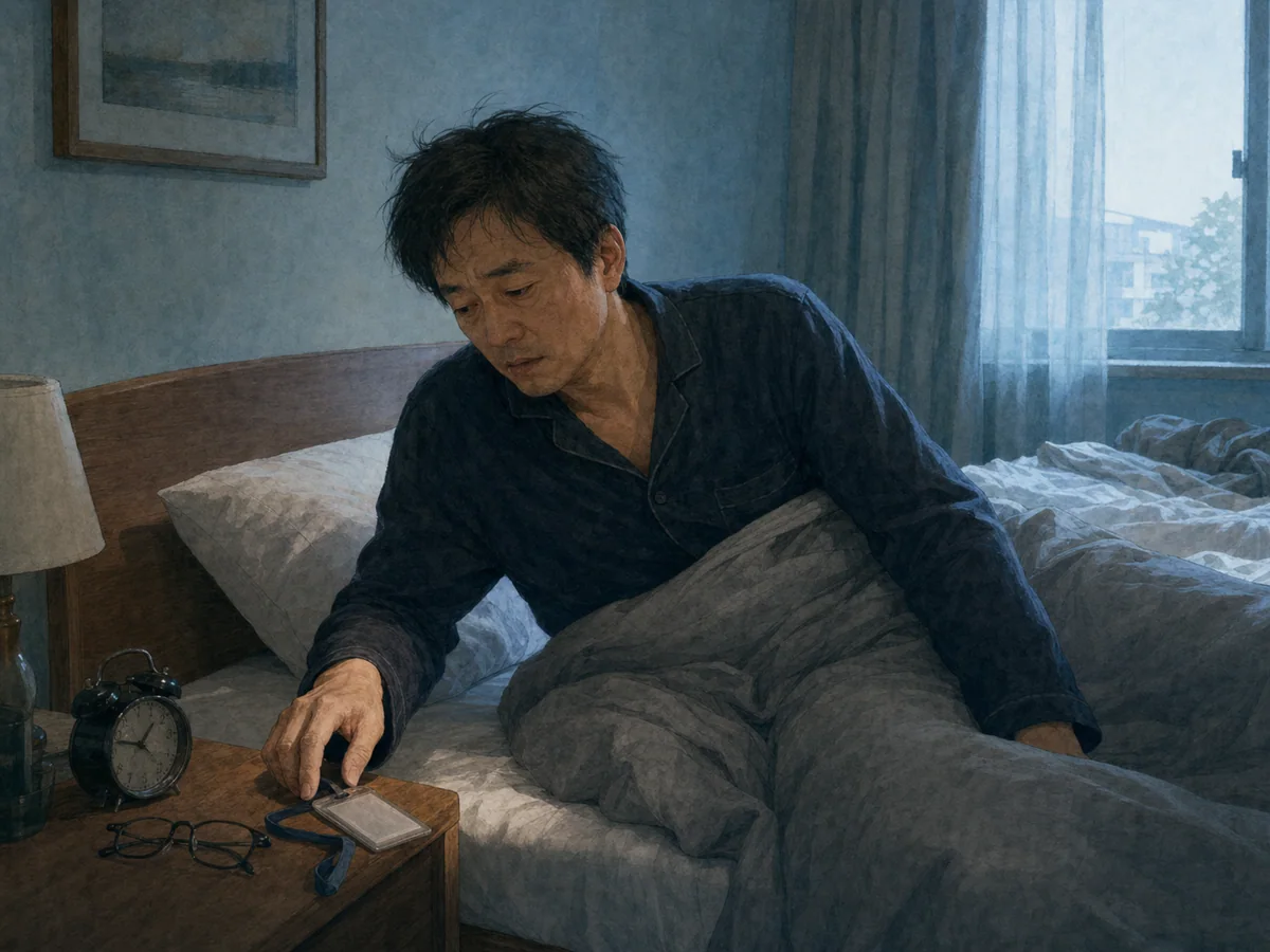 清晨男子从床上醒来伸手摸向床头的旧工牌