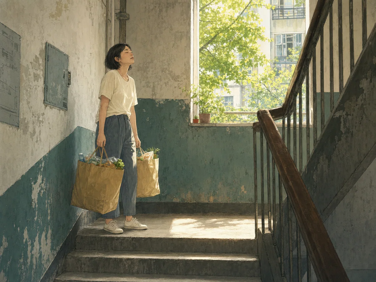 短发女子独自在闷热楼道里提着两个沉重纸袋上楼