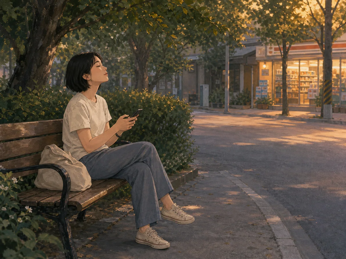 短发女子坐在路边长椅上向朋友发送求助消息