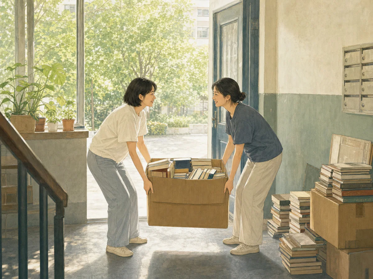 朋友赶来与短发女子一起抬起装满书的纸箱