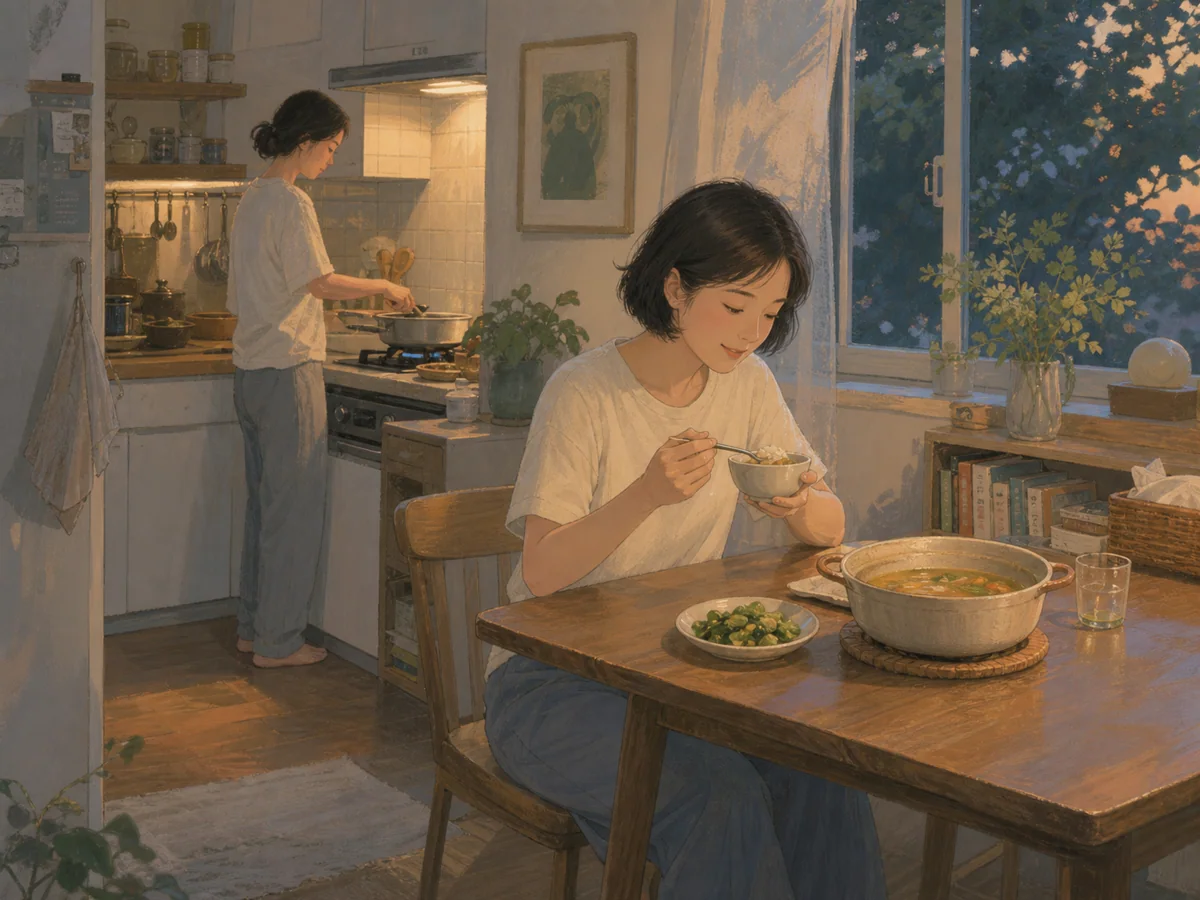 朋友在厨房照看炉火短发女子坐在餐桌前安心吃饭