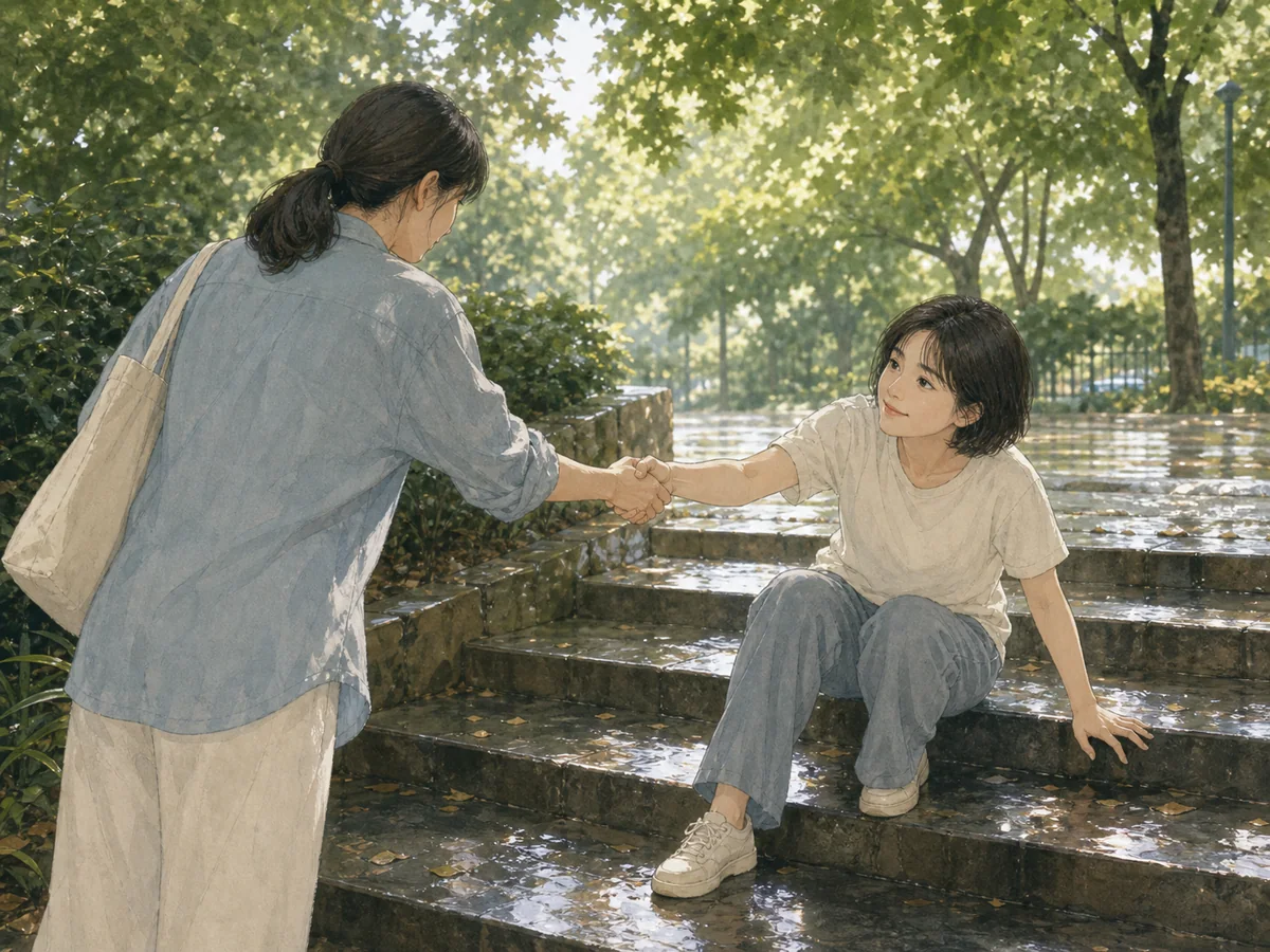 短发女子在雨后石阶上握住朋友伸来的手站起身
