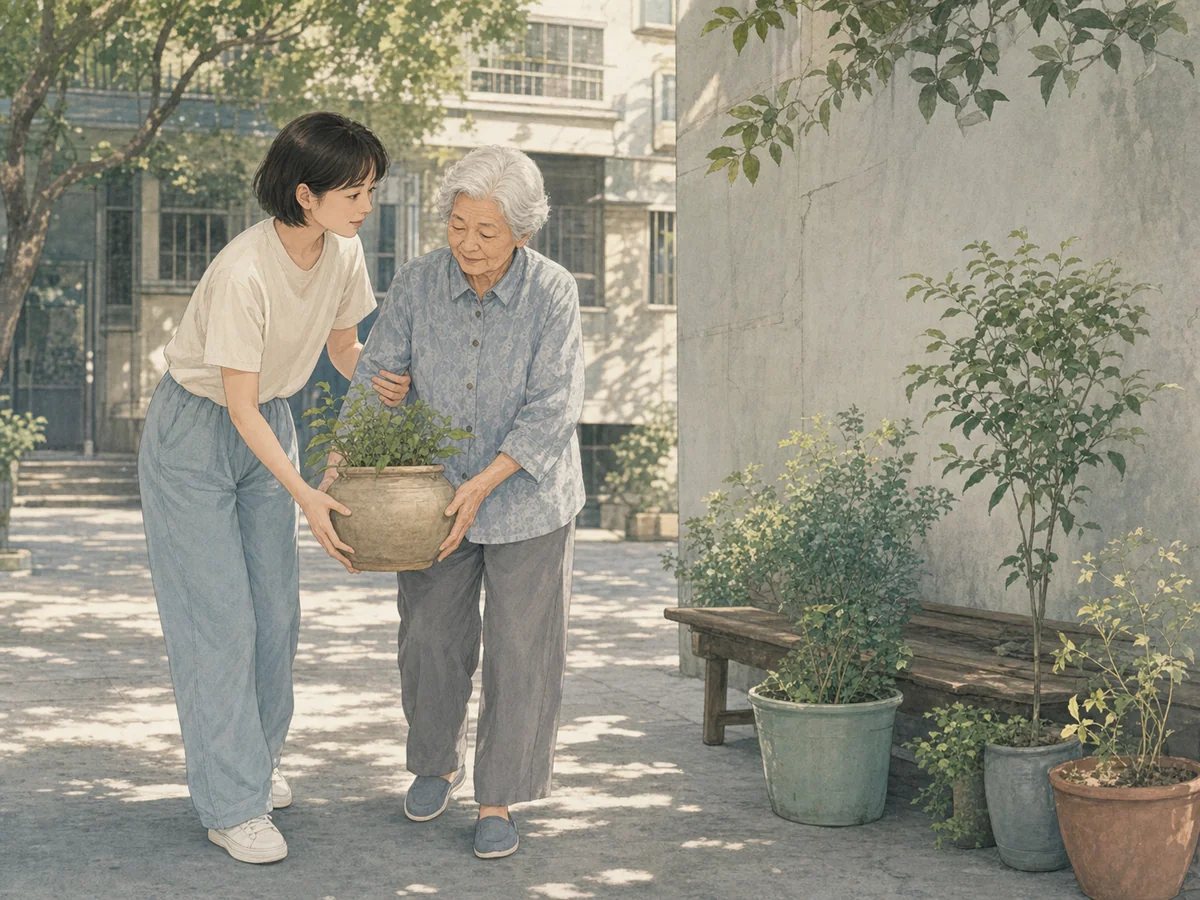 短发女子与邻居分担花盆并扶住疲惫的老人
