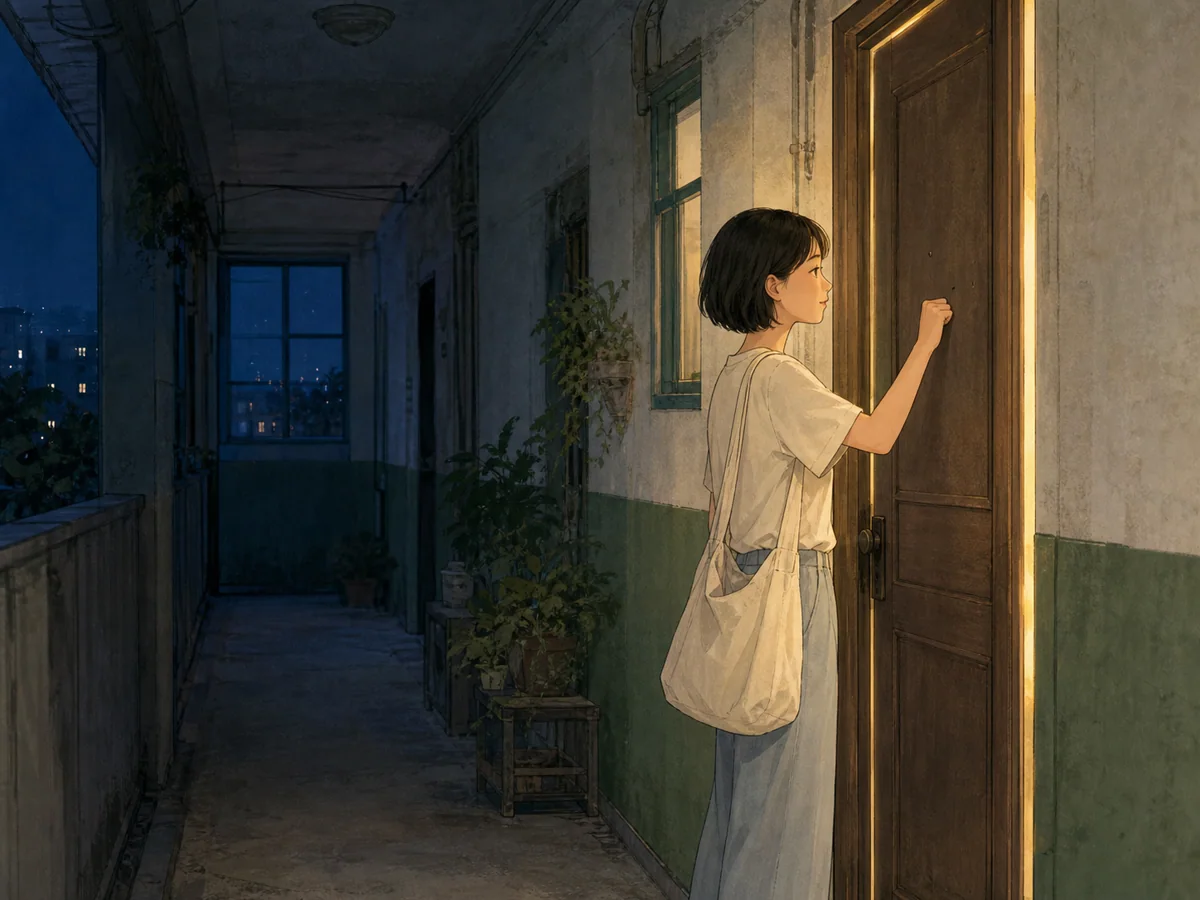 夏夜短发女子轻轻敲响一扇透出暖光的木门
