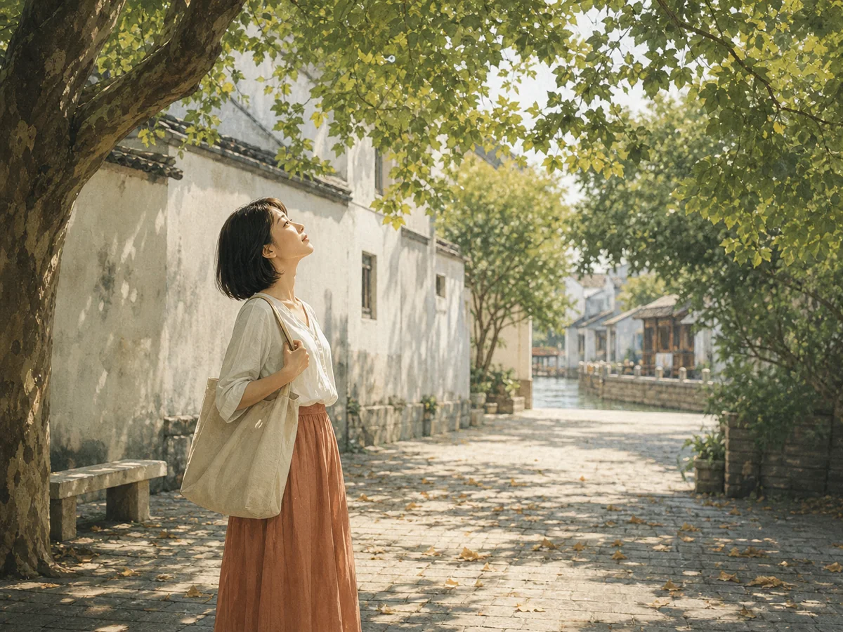 女子站在江南老街树下抬头看风吹树梢