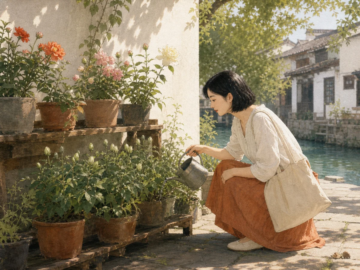 女子在河边小院为不同花期的盆栽浇水