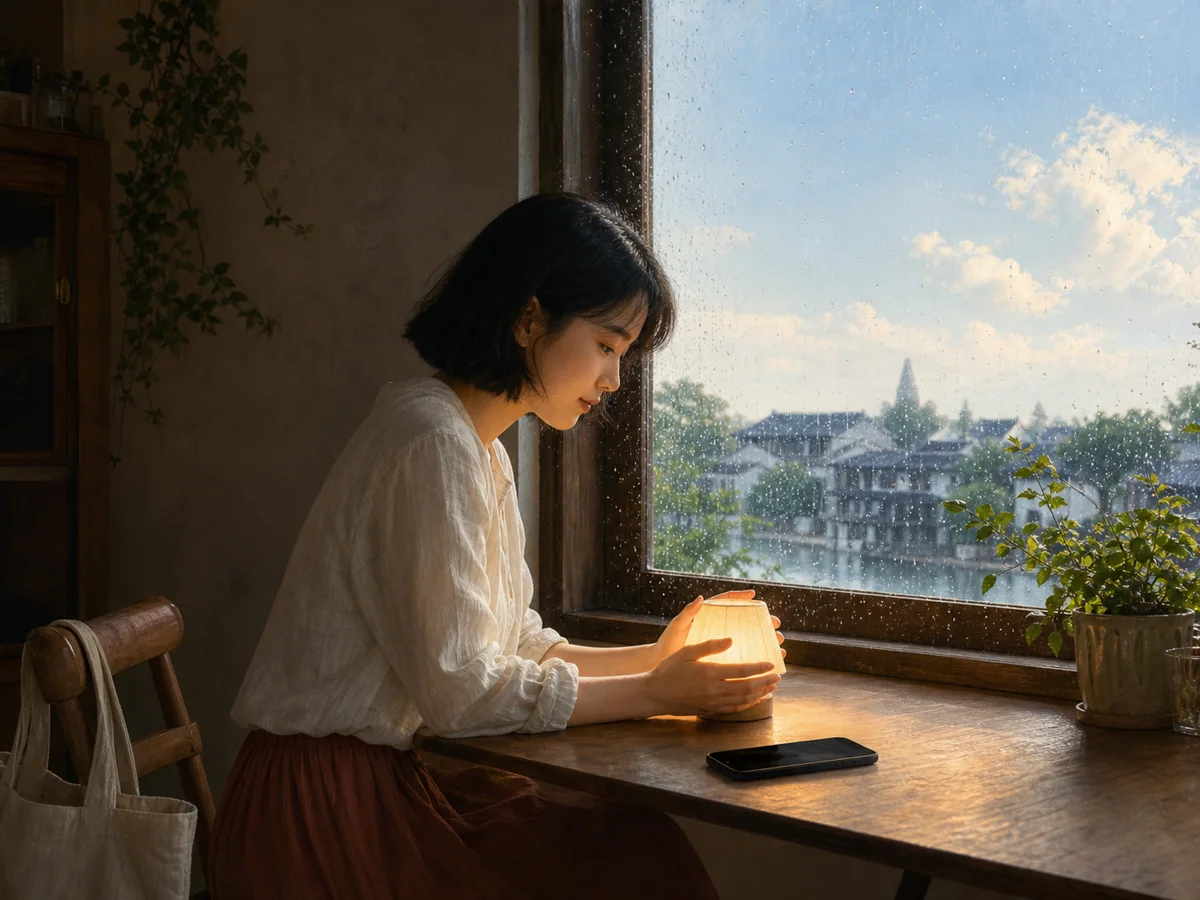 女子在雨后窗边收起手机并守着暖黄小灯