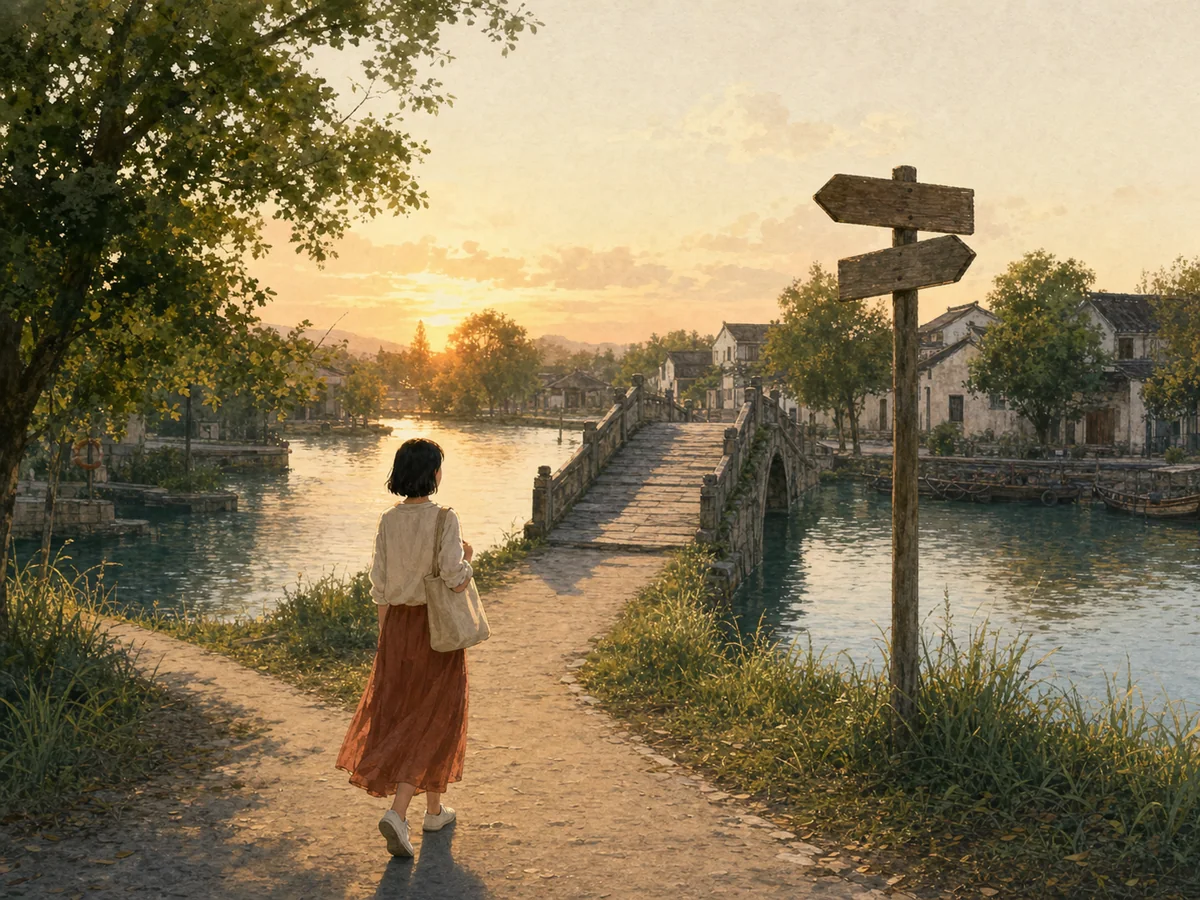 女子在夕阳河岸看清路口方向后迈步前行