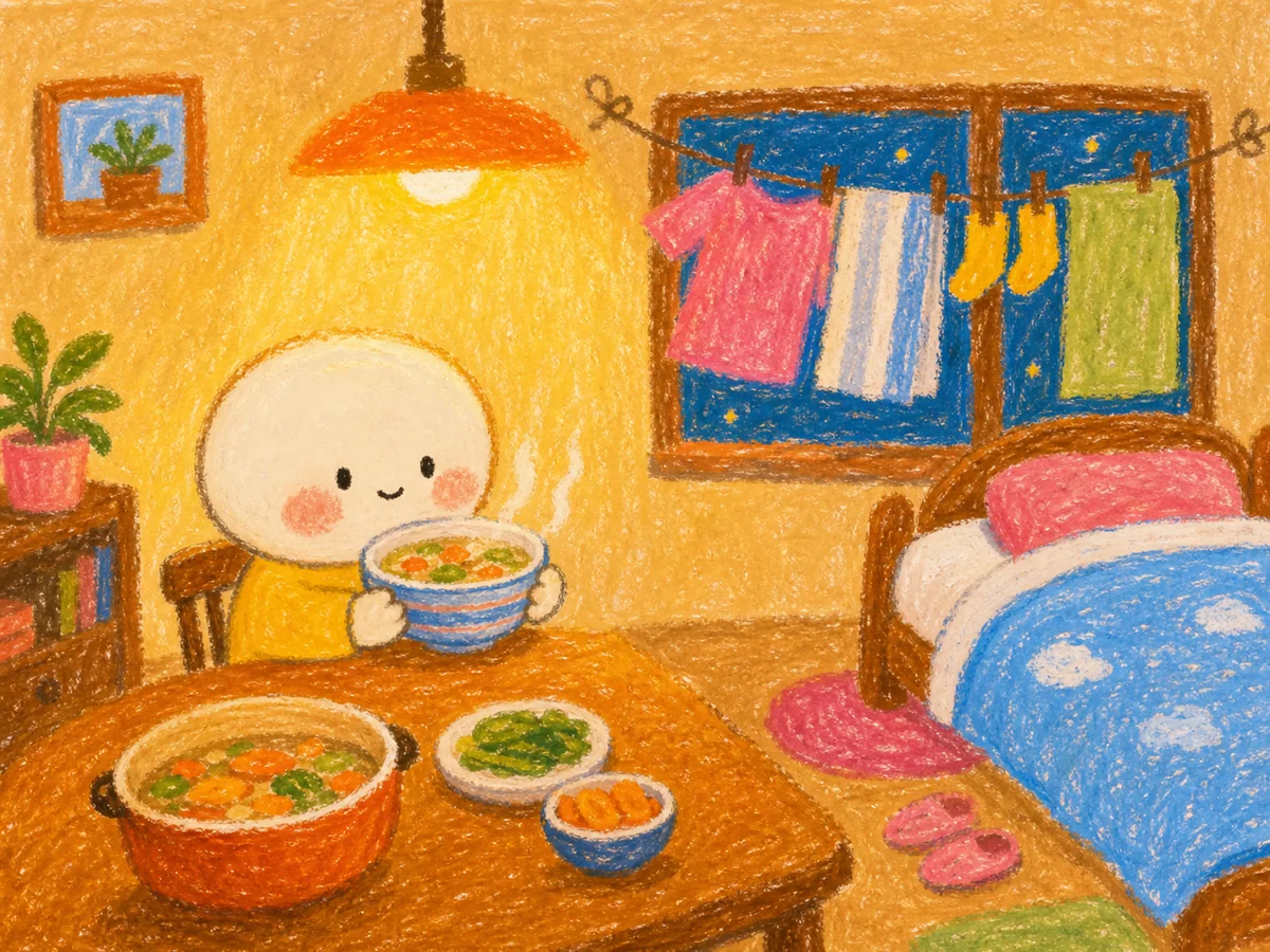 蜡笔小人捧着热汤坐在晾好衣物与整洁床铺旁