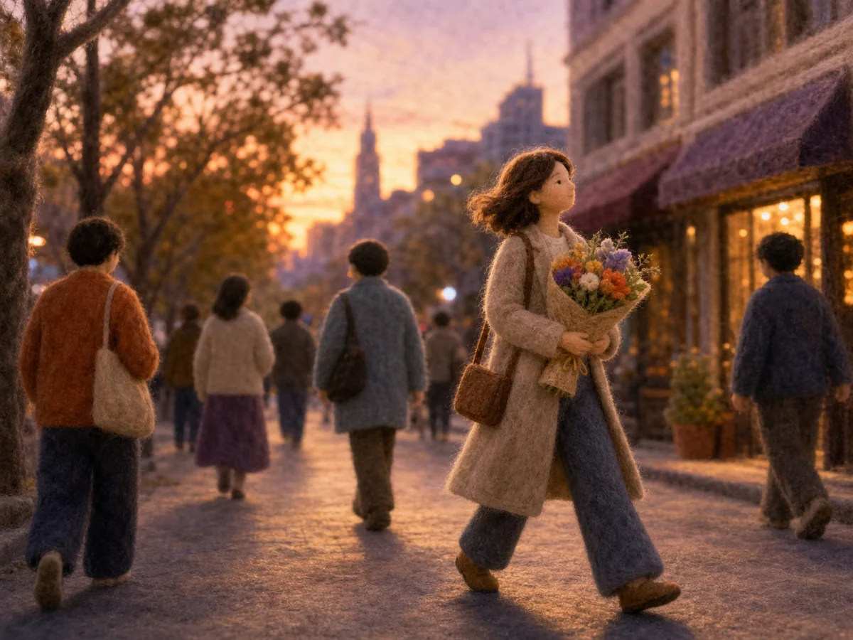黄昏街头一人抱着鲜花从人群中自在走过