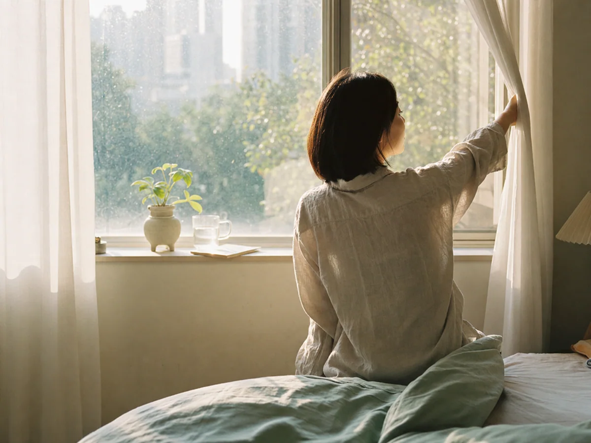 清晨卧室里的人拉开窗帘让阳光落在肩头