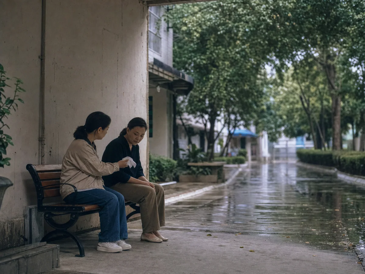 雨后屋檐下两位朋友安静并肩坐在长椅上