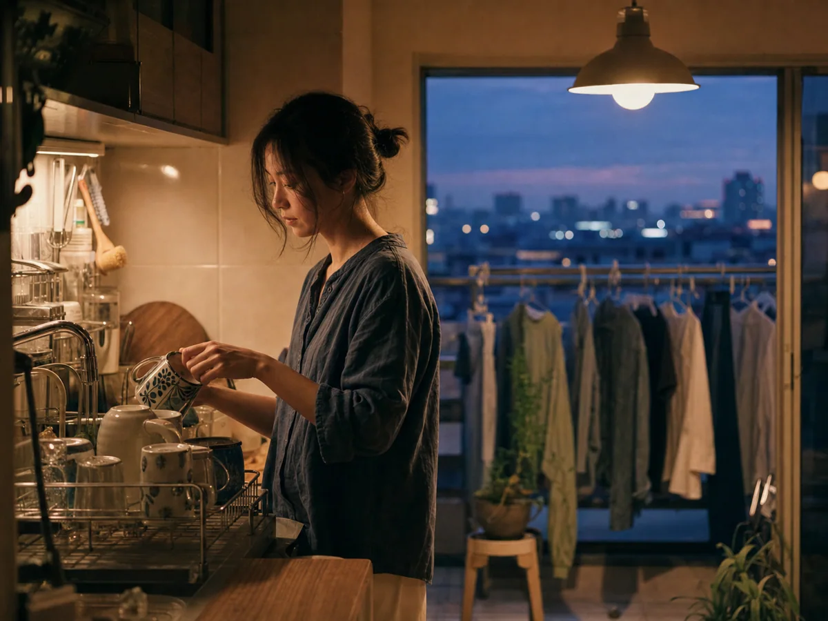 黄昏厨房里的人放好杯子而阳台衣服已经晾起